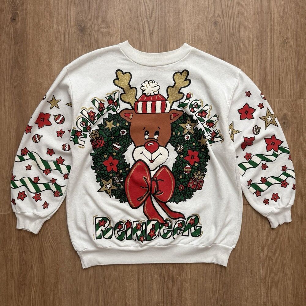 VTG 90s Holiday Time Christmas Sweatshirt Reindeer Women’s M USA Made AOP White